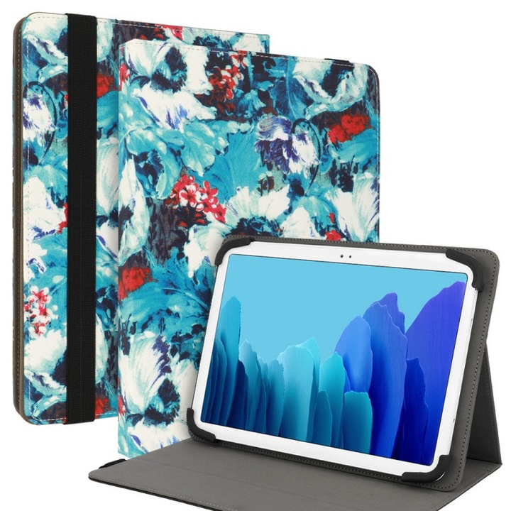 Husă universală tabletă 10 inch, Wonder, neagră cu maci albi, dimensiune ajustabilă