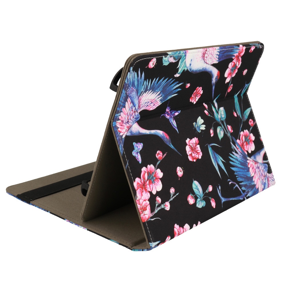Husă universală rotativă tabletă 10 inch, Wonder, negru cu model barză și flori, dimensiuni ajustabile