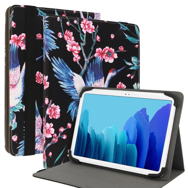 Husă universală rotativă tabletă 10 inch, Wonder, negru cu model barză și flori, dimensiuni ajustabile