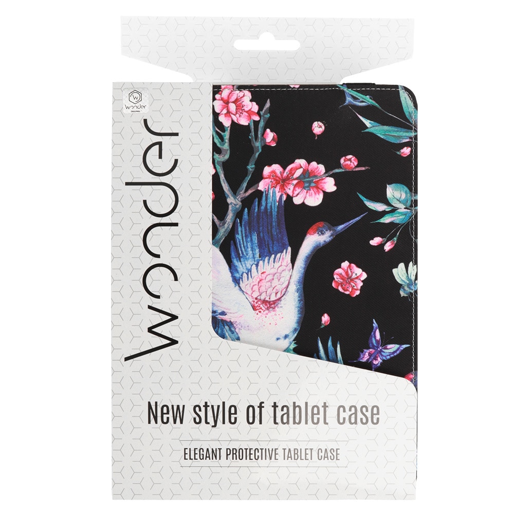 Husă universală rotativă tabletă 10 inch, Wonder, negru cu model barză și flori, dimensiuni ajustabile