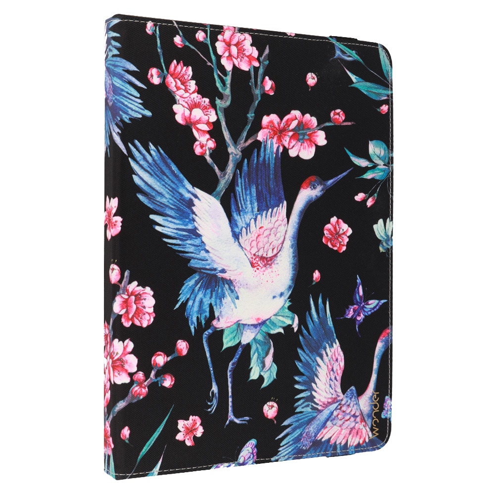 Husă universală rotativă tabletă 10 inch, Wonder, negru cu model barză și flori, dimensiuni ajustabile