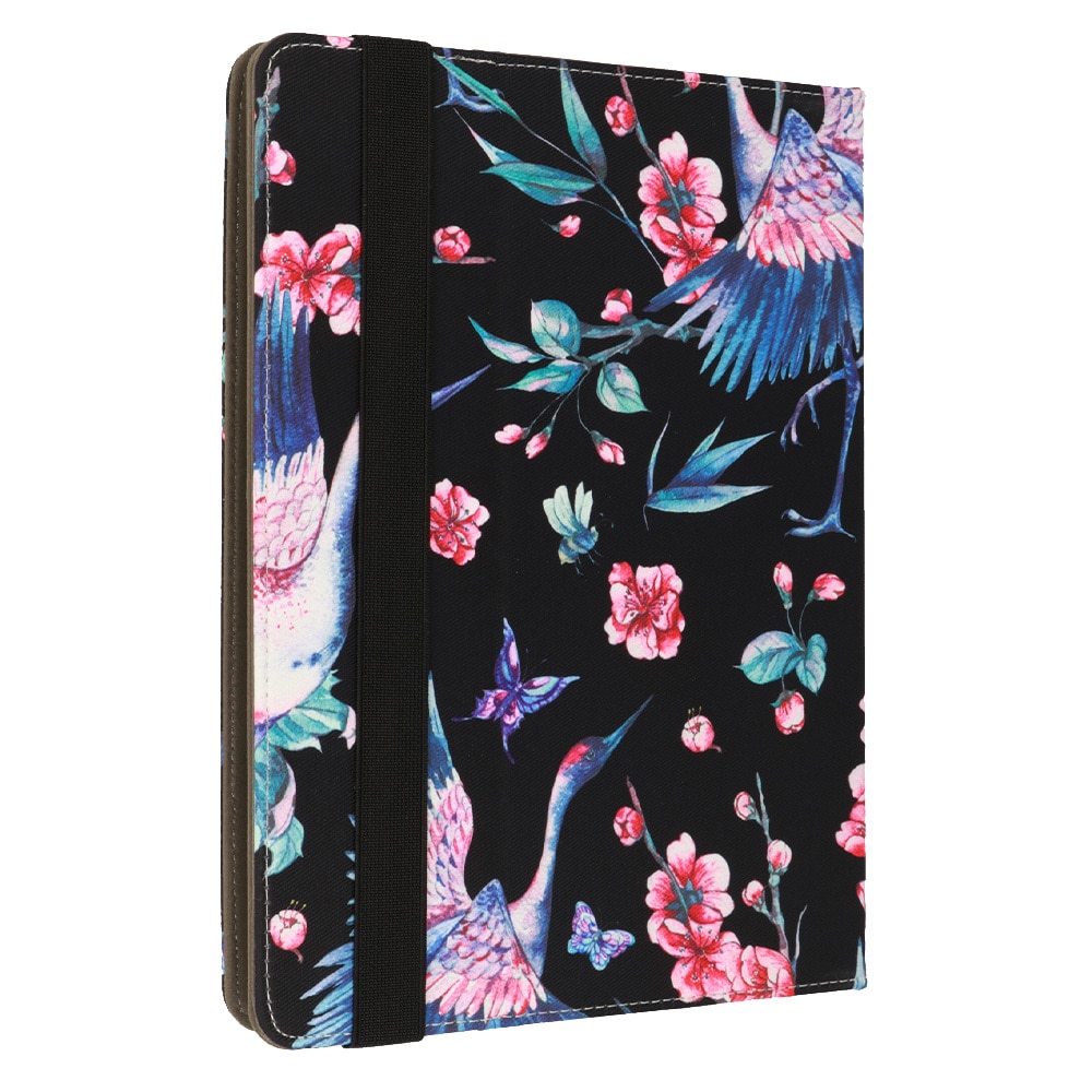 Husă universală rotativă tabletă 10 inch, Wonder, negru cu model barză și flori, dimensiuni ajustabile