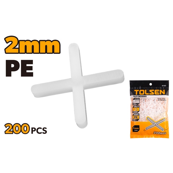 Set distantieri placi ceramice TOLSEN 2 mm, 200 bucati, PE flexibil si rezistent, pentru alinierea corecta a gresiei si faiantei, design moale pentru manevrare usoara, recomandat pentru montaj profesional si lucrari de finisaj