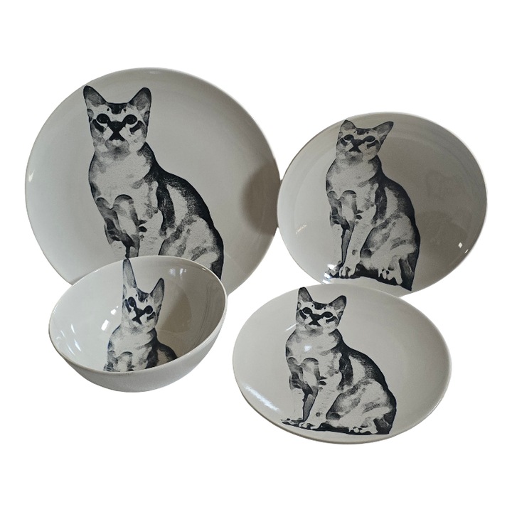 Set 4 piese, vesela pentru o persoana, Ivoire decorat cu corp pisica