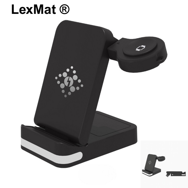 Incarcator wireless pliabil 3 in 1 LexMat, incarcator telefon, ceas si casti, design compact, incarcare rapida 15W, Negru