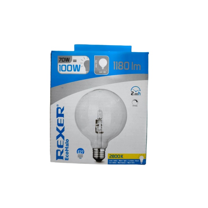 Bec halogen, Rexer, EcoHalo, 70W echivalent 100W, 1180 lm, E27, lumina calda 2800K, dimabil
