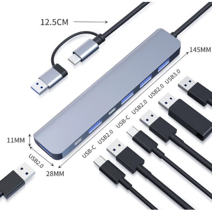 USB/USB-C HUB 7 az 2-ben, bővített csatlakoztathatóság - USB 3.0 5Gbps, 4*USB 2.0 és 2*USB-C - Laptophoz, Táblagéphez és Egyéb USB-C Eszközökhöz