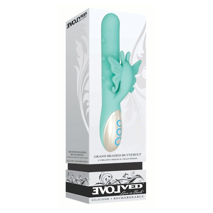 Vibrátor, LoveCherry, Grand Gyöngyös Pillangó, mentazöld, 23x7,6 cm
