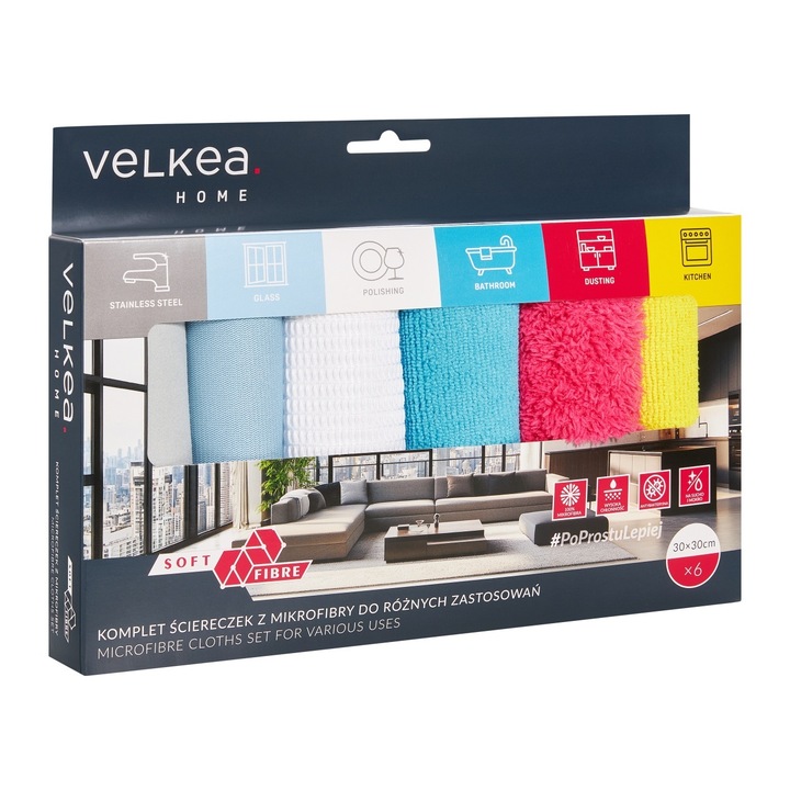 Set 6 lavete universale, microfibra, 30 x 30 cm, VELKEA