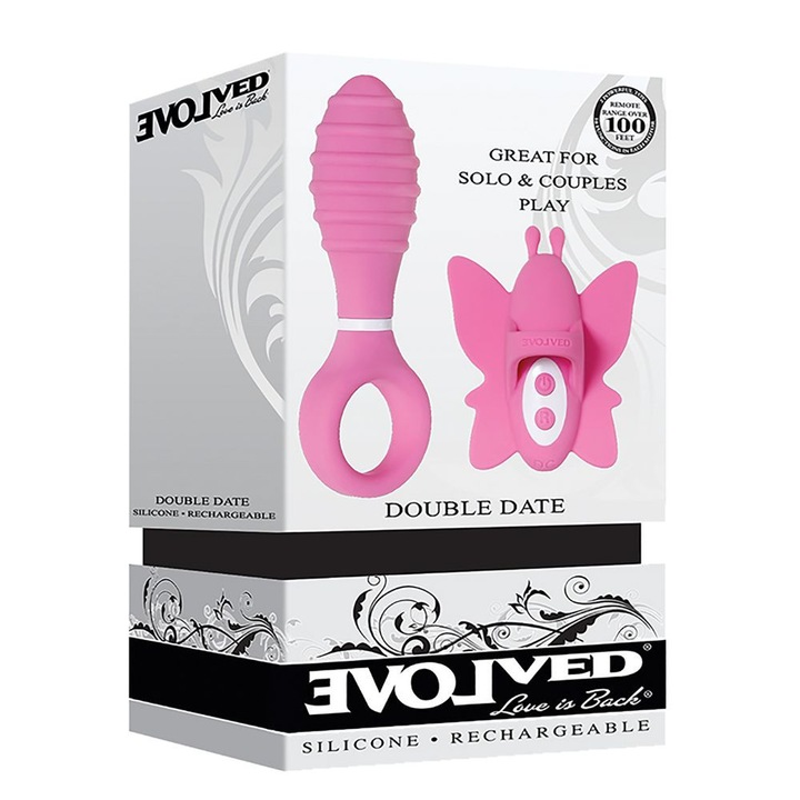 Комплект вибратор Double Date Pink, LoveCherry, клиторна и анална стимулация, силикон, 12,1x4,7см, 8,9x7,2см