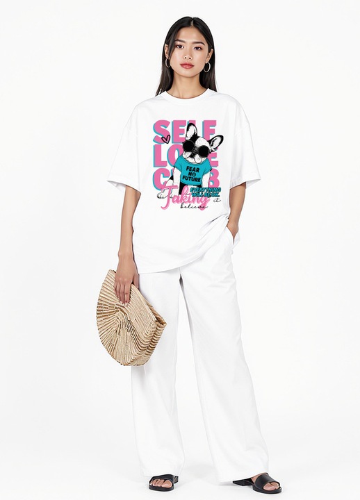 Tricou dama Loose Fit alb – imprimeu - Self Love Club, Alb