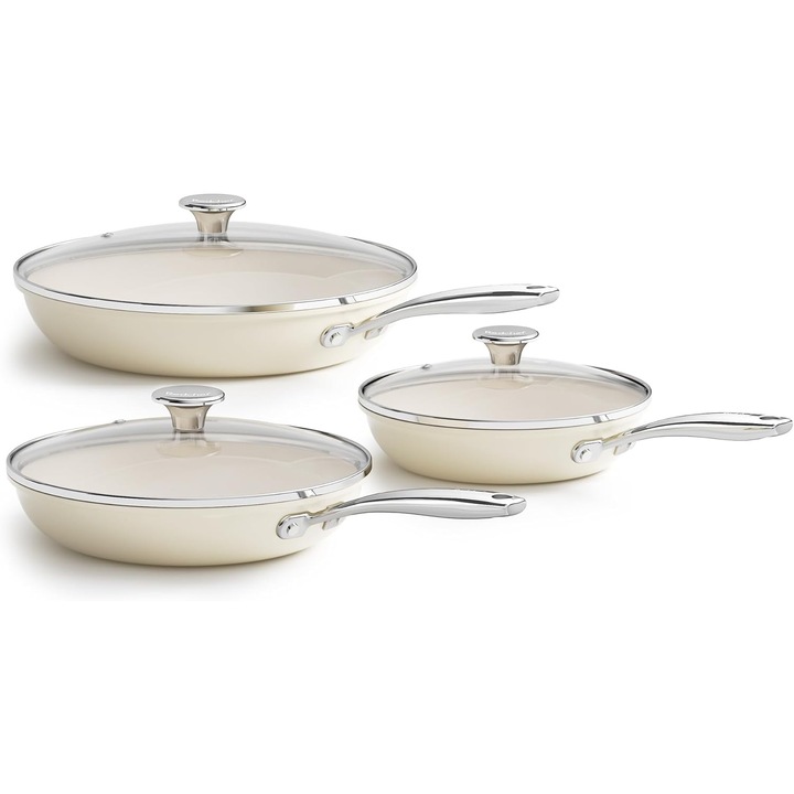 Set de tigai ceramice cu inductie Redchef, 6 piese, tigai antiaderente 20, 24, 28 cm cu capac pentru toate tipurile de aragazuri, maner din otel inoxidabil, fara PTFE, fara PFAS, fara PFOA, potrivite pentru cuptor, bej