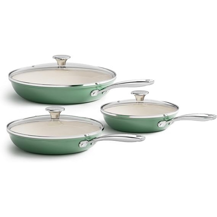 Set de tigai ceramice cu inductie Redchef, 6 piese, tigai antiaderente 20, 24, 28 cm cu capac pentru toate tipurile de aragazuri, maner din otel inoxidabil, fara PTFE, fara PFAS, fara PFOA, potrivite pentru cuptor, verde