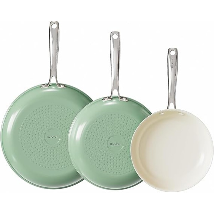 Set de tigai ceramice cu inductie Redchef, tigai antiaderente 20/24/28 cm pentru toate tipurile de aragazuri, fara PTFE, fara PFAS, fara PFOA, sigure pentru inductie, la cuptor, la masina de spalat vase, verde