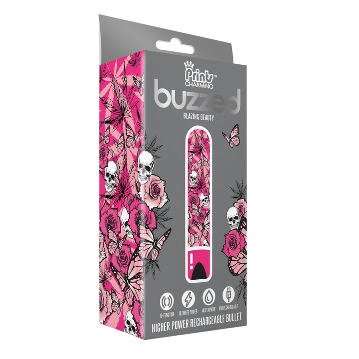 Újratölthető golyóvibrátor LoveCherry Blazing Beauty, 10 mód, virágos-kannabisz design, 8.89x1.9cm, vízálló