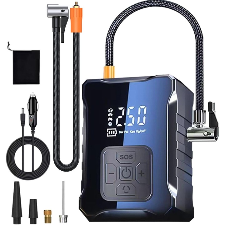 Compresor auto portabil Giftry, 50 L/min, 10.3 BAR, acumulator 4000 mAh, digital, Negru