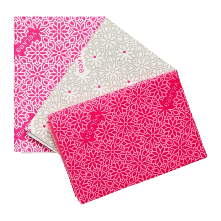 Set 3 lavete uz casnic, microfibra, 35 x 35 cm, VELKEA, alb, roz, roz inchis