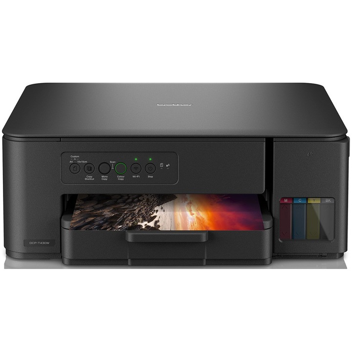 Multifunctional inkjet color CISS Brother DCP-T430W, InkBenefit, Wireless, A4, 7.500 pagini alb-negru sau 5.000 pagini color, negru
