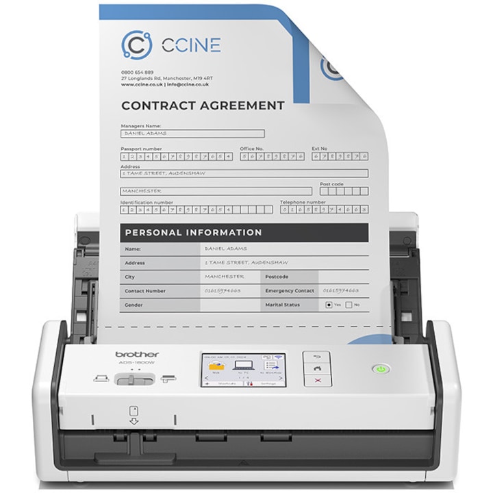 Скенер Brother ADS1800WTC1, Компактен скенер за документи, Duplex, WiFi, LCD