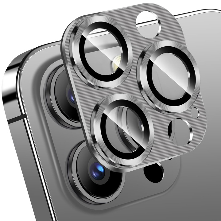 Set 3 bucati Folie Protectie Lentile Camera pentru Apple iPhone 15 Pro / Pro Max, Ultra HD, Anti Amprente, Anti Zgarieturi, Anti Socuri, Titanium