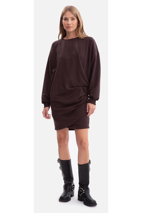 Rochie mini, B298 Ciocolata neagra S/M, tricot, decolteu rotund, maneci lungi, bumbac, croiala lejera, mulata la solduri