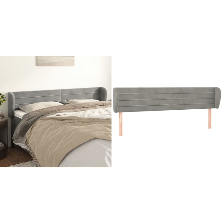 Tablie de pat cu aripioare gri deschis 183x23x78/88 cm catifea