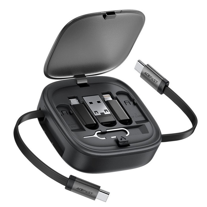 Set Calatorie cu Cablu Retractabil 2x Type-C, USB, Lightning, Micro-USB, TF, SIM, 60W, 3A, 0.95m - Acefast (J3) - Black