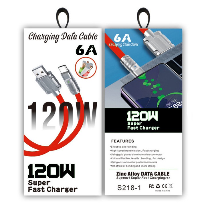 Кабел за зареждане Тип C, 6A, 120 W Супер бързо зарядно Модел SD18-1, Кабел за данни от цинкова сплав Тип C, цвят червен