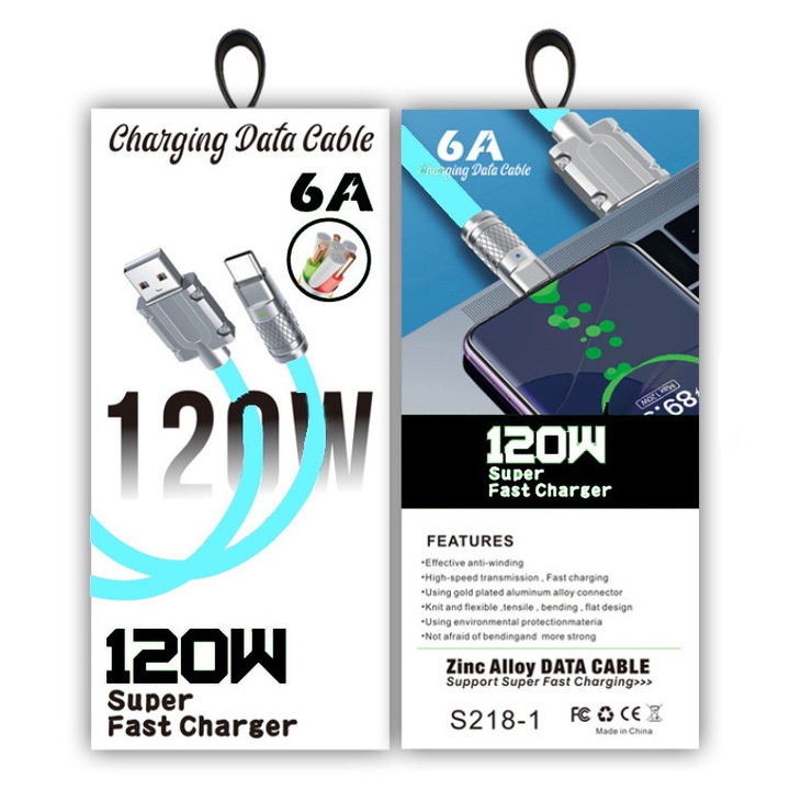 Cablu incarcator Tip C, 6A, 120 W Super fast charger Model SD18-1, Tip C zinc alloy data cable; culoare albastru deschis
