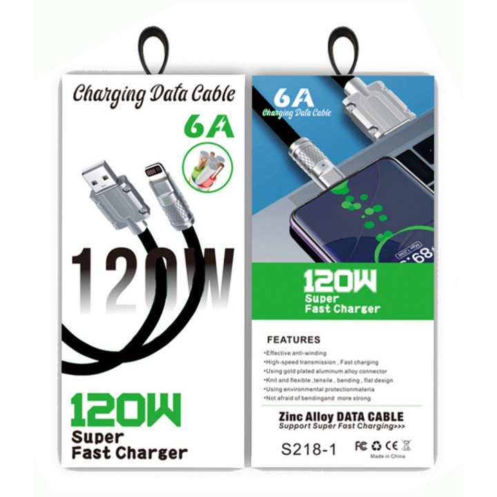 Cablu incarcator pentru IPHONE, 6A, 120 W Super fast charger Model SD18-1, Tip C zinc alloy data cable; culoare negru