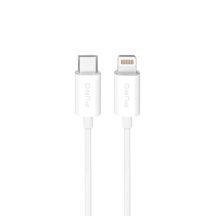 Cablu pentru incarcare si transfer de date Puro TPE, USB-C la Lightning, 20W, 2m, Alb