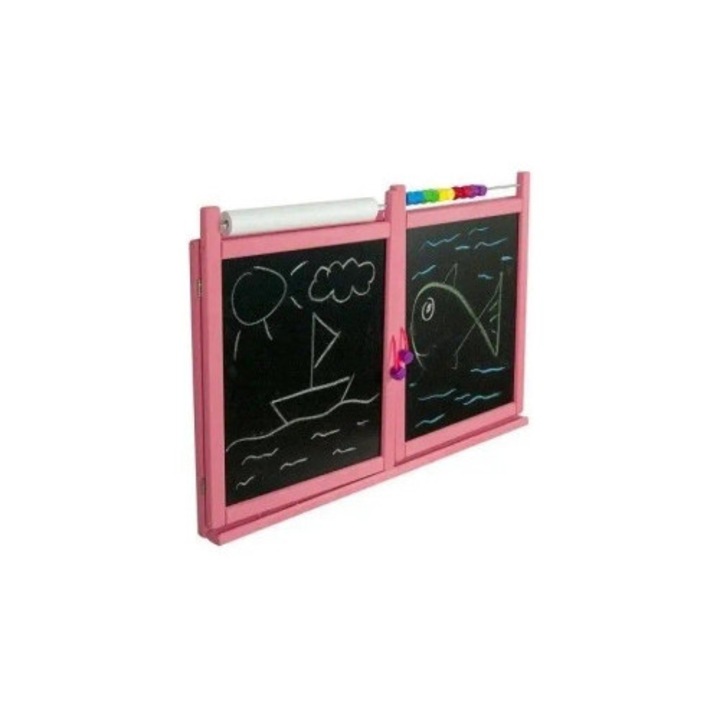 Tabla educativa din lemn, 3toysm, roz, 5,5x74x52cm inchisa, 5,5x148x52cm deschisa, set cu marker si creta