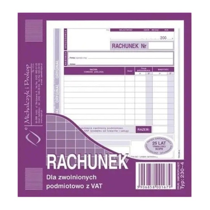 Számla áfa alól mentesített vállalkozások számára, MICHALCZYK I PROKOP