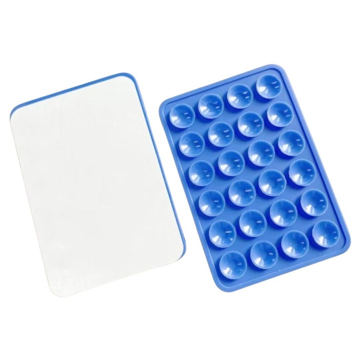 Suport telefon universal auto si casa cu ventuze si banda adeziva 3M, reutilizabile, fixare sigura, albastru, 17X9.5X1.5 cm