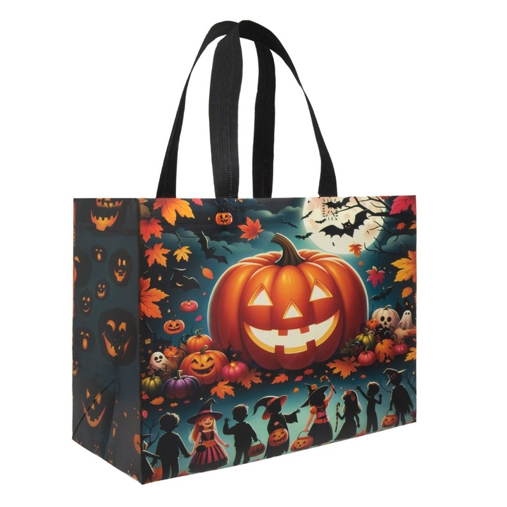 Zöld PP Táska Halloween Tök, Denevér & Boszorkány Mintával RVN 31x17x25cm
