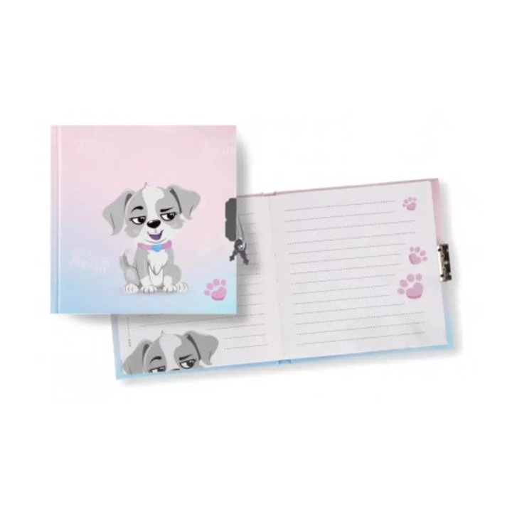 Jurnal cu lacat, STARPAK, Model catelus dragut, 14x14x1cm, Roz / Albastru