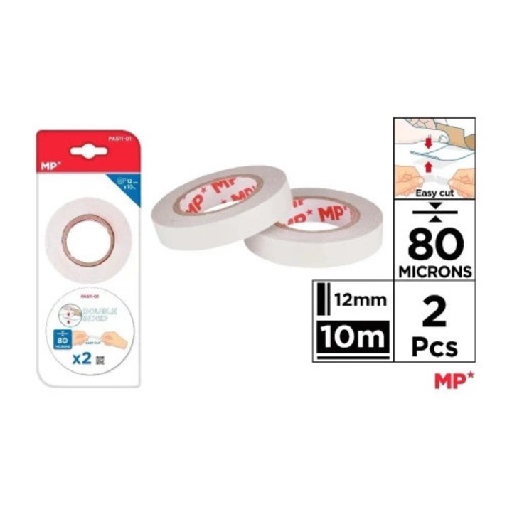 Banda dublu adeziva MP Main Paper, 12mmx10m, set 2 role, 80 microni