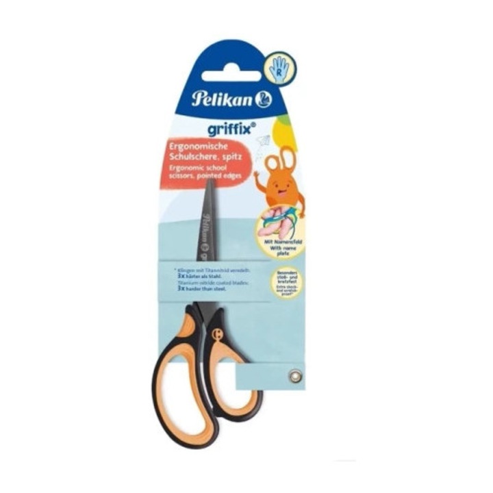 Foarfeca ergonomica PELIKAN Griffix, titan, pentru dreptaci, 3x mai rezistenta, negru/portocaliu, dimensiune universala