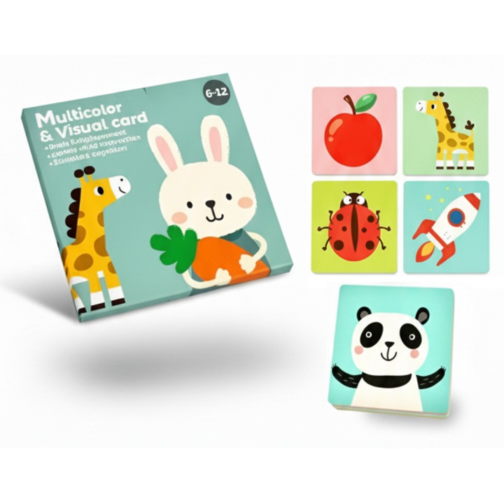 Комплект от 20 образователни карти за визуална и когнитивна стимулация на бебета, тип Монтесори, с интерактивни цветни изображения, Teona Concept, 6-12 месеца