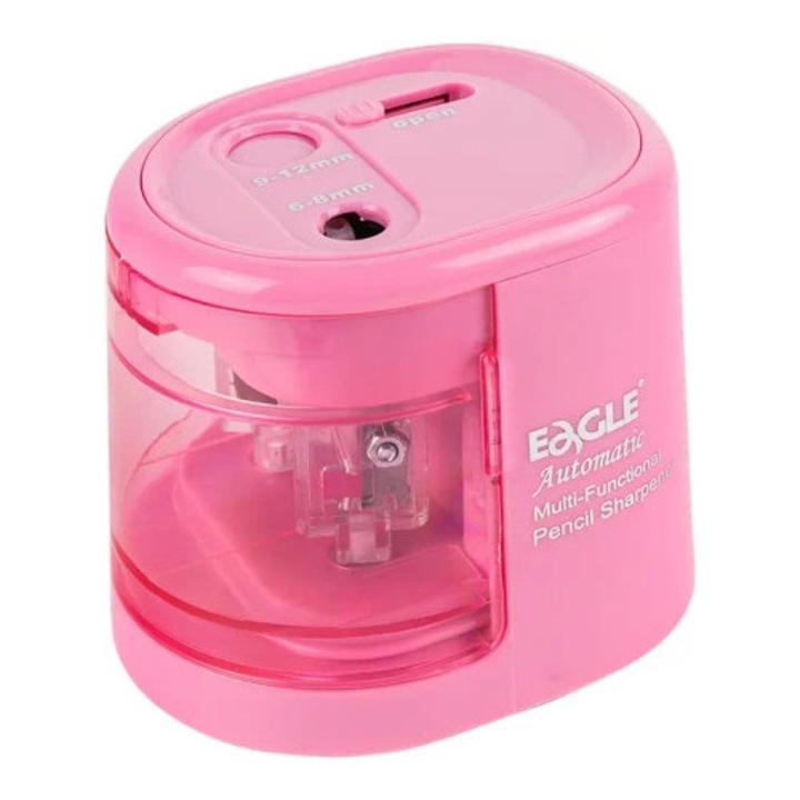 Ascutitoare dubla Eagle EG-5161, roz, pentru creioane si crete 6-8mm si 9-12mm, cu incarcare USB, 2 lame suplimentare