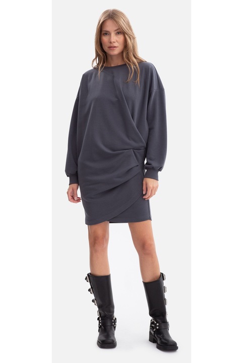 Rochie mini, B298 Gri L/XL, tricot, decolteu rotund, maneci lungi, bumbac, croiala lejera, mulata la solduri