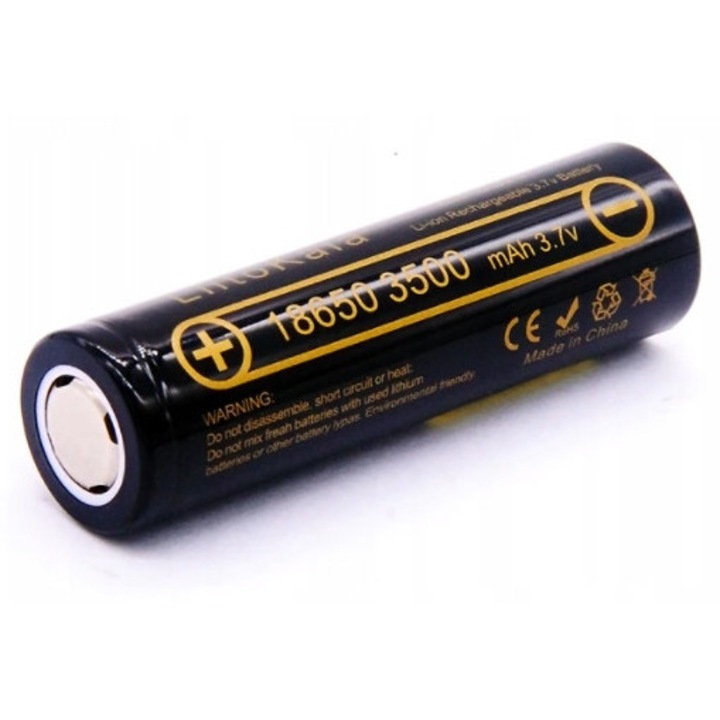 Li-Ion 18650 akkumulátor 3500mAh 3,7V, Méretek 6,5x1,8x1 cm, Feszültség 3,7V, Kisülési áram 10A, Töltőáram 4,2A, Súly 0,1 Kg