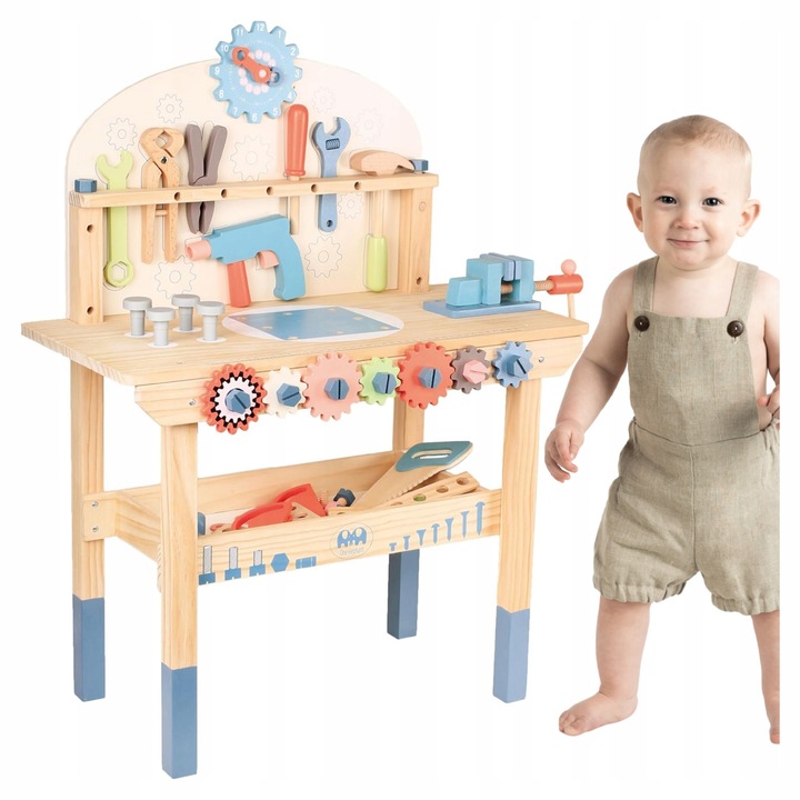 Atelier De Tamplarie Cu Unelte, Pastel, Fabricat Din Lemn Sigur Si Estetic, Sprijina Dezvoltarea Coordonarii, Concentratiei Si Gandirii Creative, Lemn Natural Si Finisaj Sigur, Joc Educativ Dezvoltator, 75 De Elemente