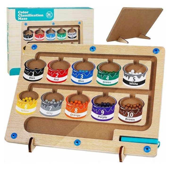 Tabla Magnetica Cu Bile, Stilou Magnetic, Suporturi, Multicolor, 19.5x26.5x1.5 cm, Placa Din Lemn Cu Caneluri Pentru Un Set De Bile, 45 Bile Metalice Multicolore, Plexiglas Transparent Care Impiedica Caderea Bilelor