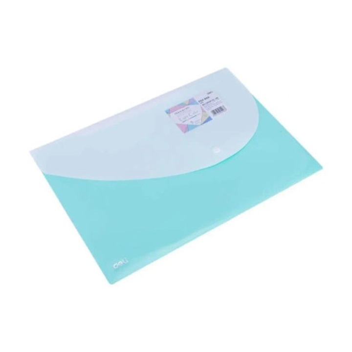 Mapa pastel verde, Deli, model Macaron, dimensiune FC, cu inchidere pe baza de clips, cu buzunar suplimentar