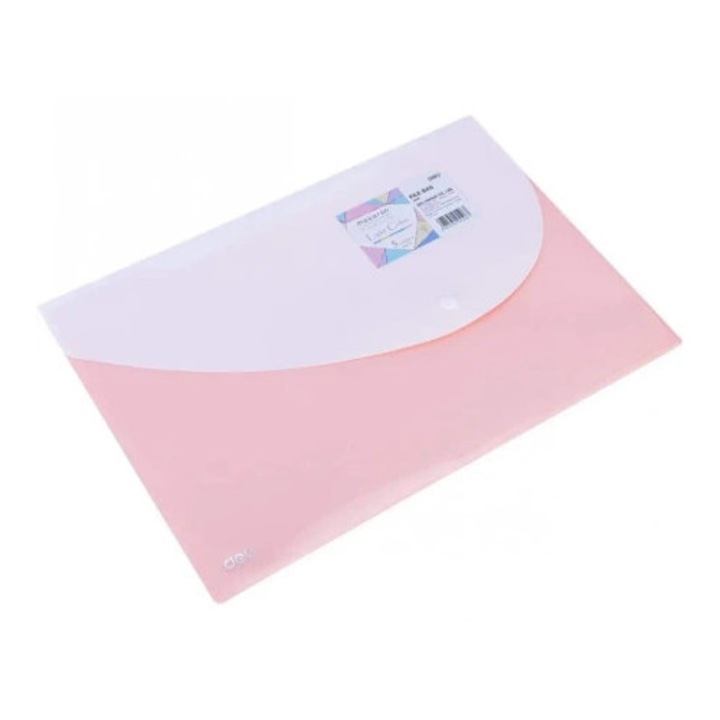 Mapa pastelata Deli, roz, dimensiune FC, cu inchidere pe baza de clips, compartiment suplimentar