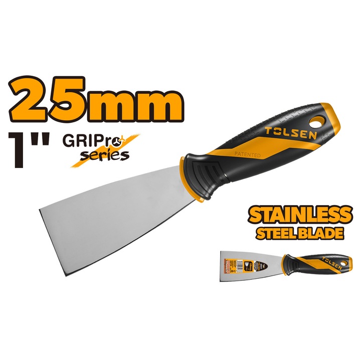 Spatula inox Industrial TOLSEN 25 mm cu lama otel inoxidabil de inalta calitate, flexibila si durabila. Maner ergonomic 2 componente pentru control confortabil, suprafata lustruita oglinda, ideala pentru uz profesional
