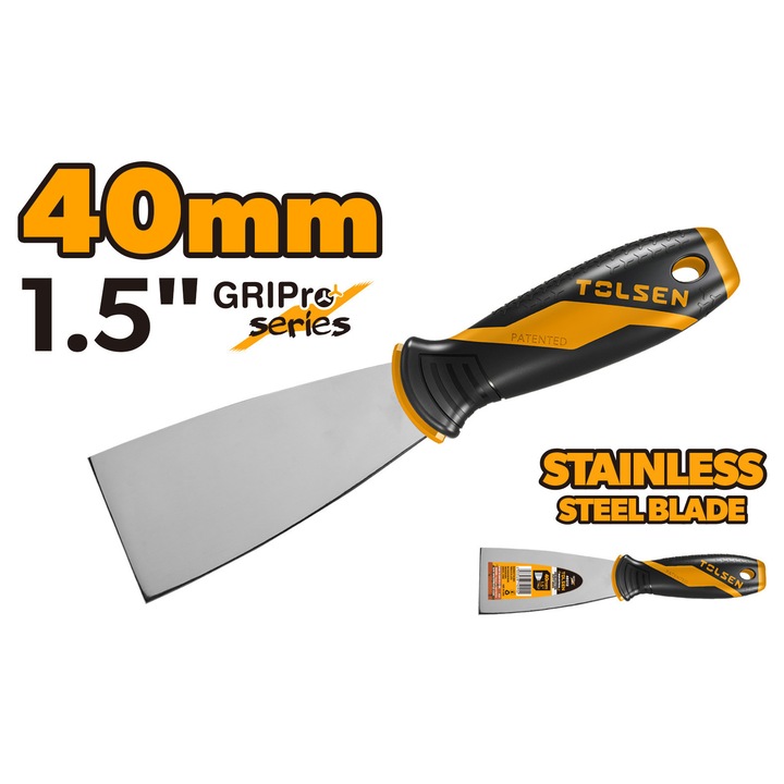 Spatula inox Industrial TOLSEN 40 mm, kiváló minőségű, rugalmas és tartós rozsdamentes acél pengével. Ergonomikus, 2 komponensű markolat a kényelmes irányításért, tükörfényes felület, ideális professzionális használatra