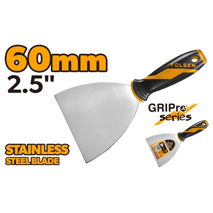 Spatula inox Industrial TOLSEN 60 mm, kiváló minőségű, rugalmas és tartós rozsdamentes acél pengével. Ergonomikus, 2 komponensű fogantyú a kényelmes irányításért, tükörfényes felület, ideális professzionális használatra