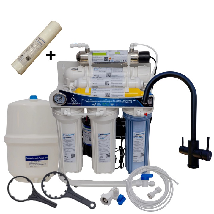 Filtru de apa cu osmoza inversa 6 trepte, 0.0001 microni, pompa si sterilizator UV 6W – AquaSolution RO-ProLine + Baterie 3 cai, Turn inox 304 negru mat